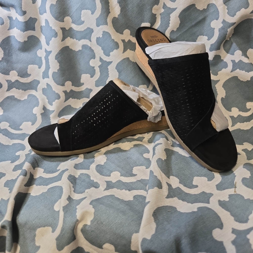 Earth Origins Women's Pearl Wedge Sandals black sz 6  arch support leather